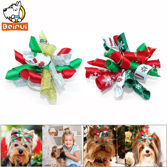 10 Pieces Christmas Handmade Dog Hair Bow