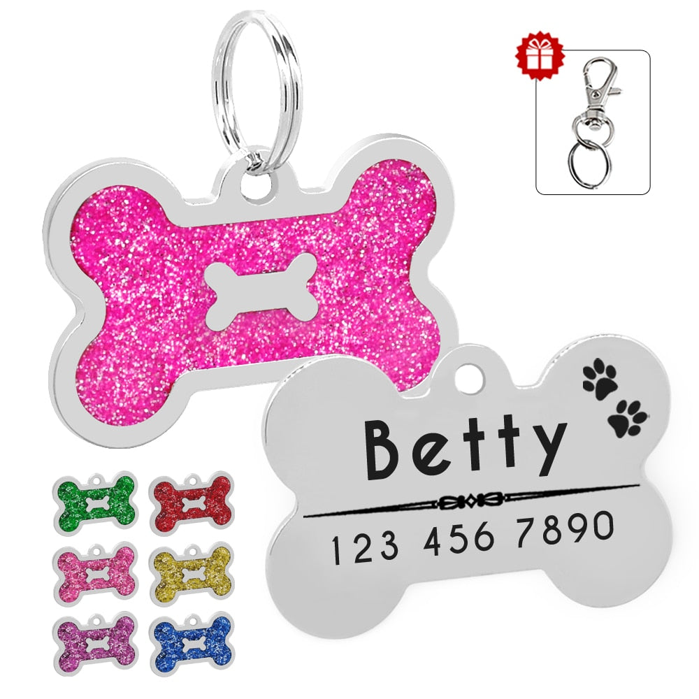 Glitter Personalized Dog ID Tag Customized Bone Shape